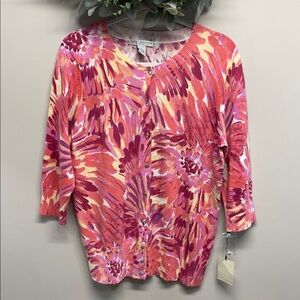 NWT Sarah Spencer Wiman Floral Cardigan Sweater 3/4 Sleeve Rhinestone Buttons 1X